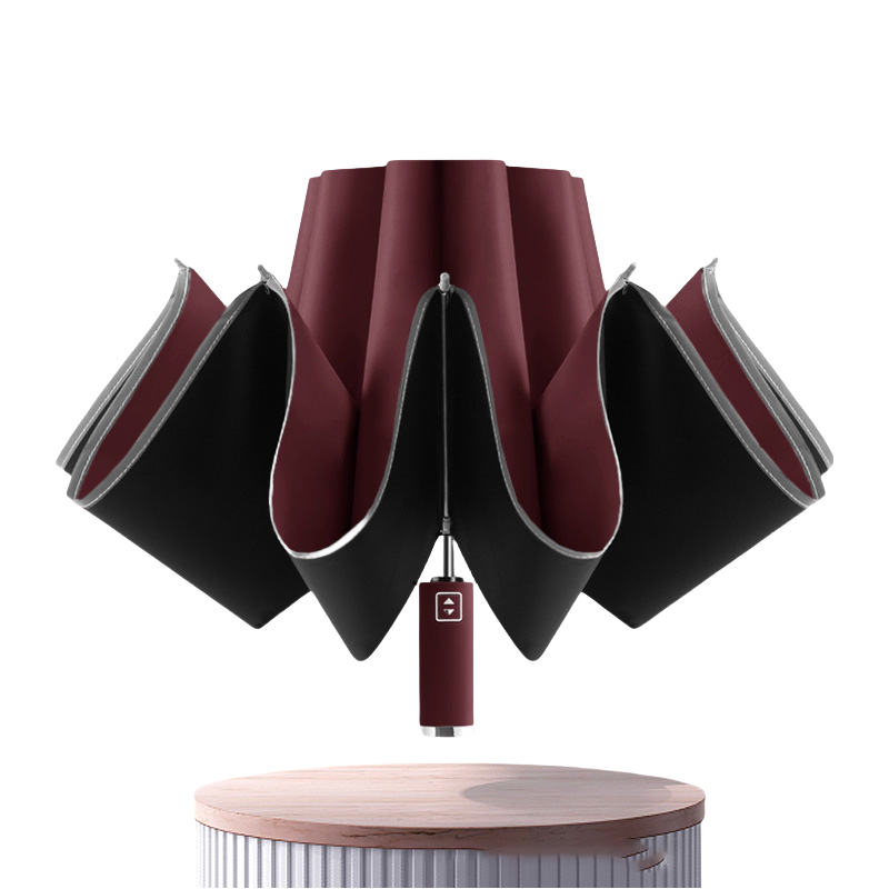 丰懋 全自动反向伞带反光条黑胶纯色折叠雨伞 FXYN05 63*118cm  酒红色（单位：把）