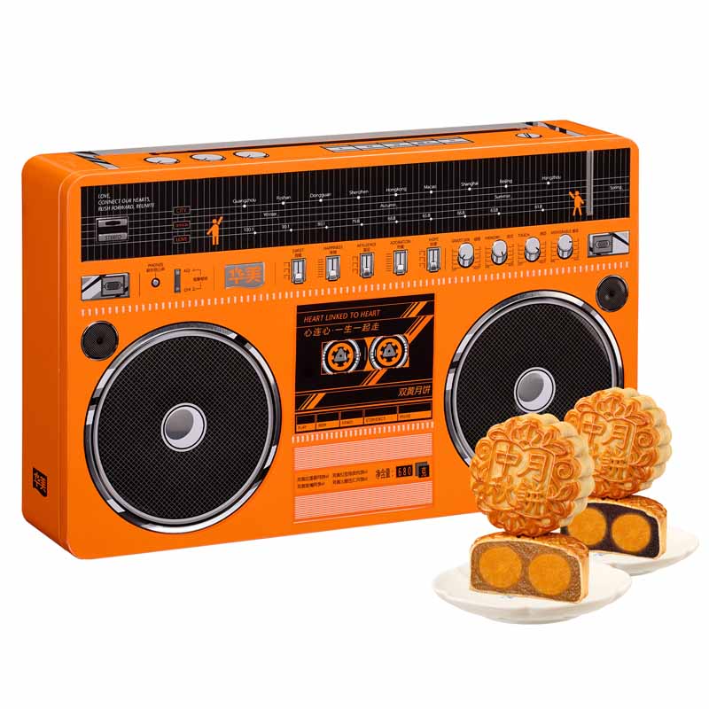 华美 录音机双黄什锦月饼 礼盒 500g 橙色（单位：盒）