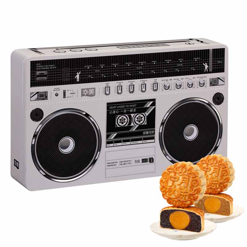 华美 录音机蛋黄什锦月饼 礼盒 500g 银灰（单位：盒）