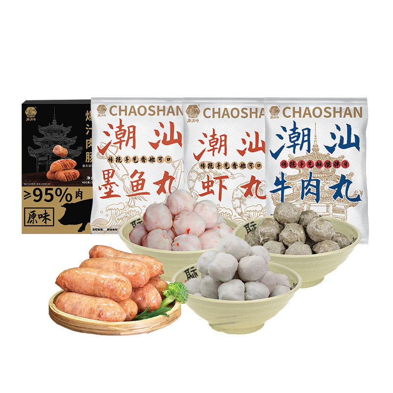 潮满峰 美滋潮味套装 牛肉丸+原味肉肠+虾丸+墨鱼丸 CMF 250g*3袋+400g*1盒/共1150g 混色（单位：套）