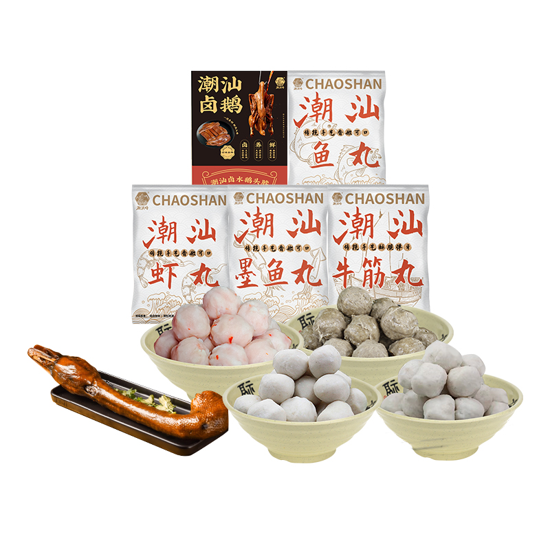 潮满峰 潮鲜盛宴套装 牛筋丸+虾丸+鱼丸+墨鱼丸+鹅头脖 CMF 250g*4袋+250g*1盒/共1250g 混色（单位：套）