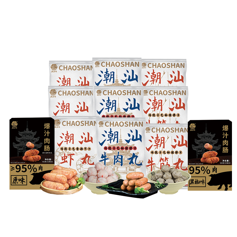 潮满峰 情意浓套装 虾丸+原味肉肠+黑椒肉肠+牛肉丸+牛筋丸 CMF 250g*9袋+400g*2盒/共3050g 混色（单位：套）