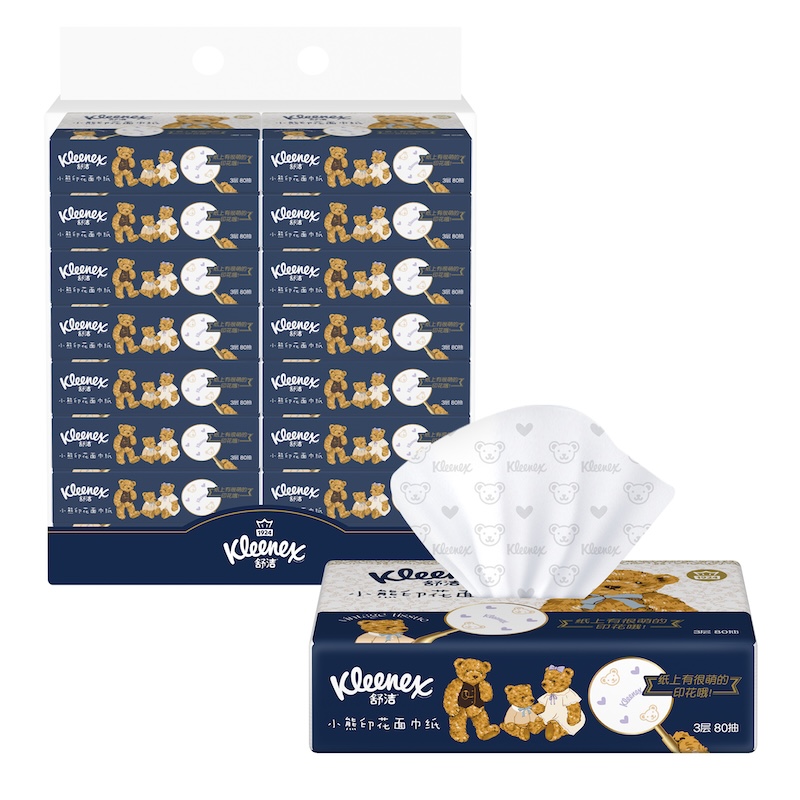 舒洁（Kleenex） 印花抽纸 小熊印花 3层80抽16包 宝石蓝（单位：提）