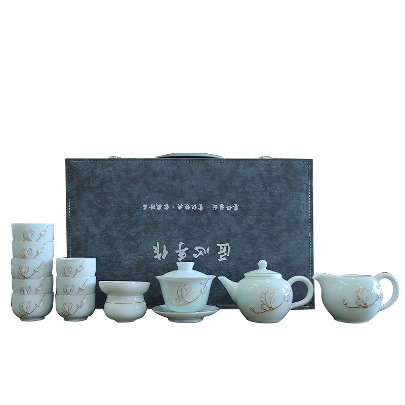 品舰 茶具套装金玉兰花 PJL051 盖碗*1、茶壶*1、茶海*1、茶杯*8、过滤组*1、礼盒*1  天蓝色（单位：套）