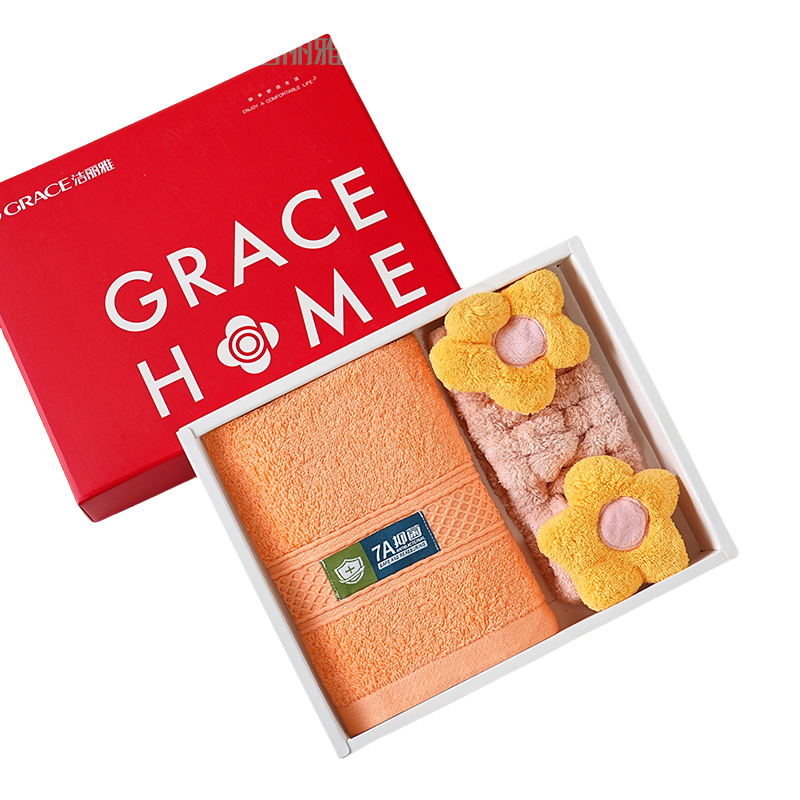 洁丽雅（Grace） 一面巾一发带7A两件套 纯棉套装-1 面巾70*32cm*1条，发带40cm*1条 混色（单位：套）