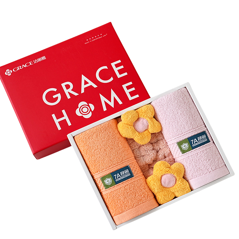 洁丽雅（Grace） 两面巾一发带7A三件套 纯棉套装-2 面巾70*32cm*2条，发带40cm*1条 混色（单位：套）