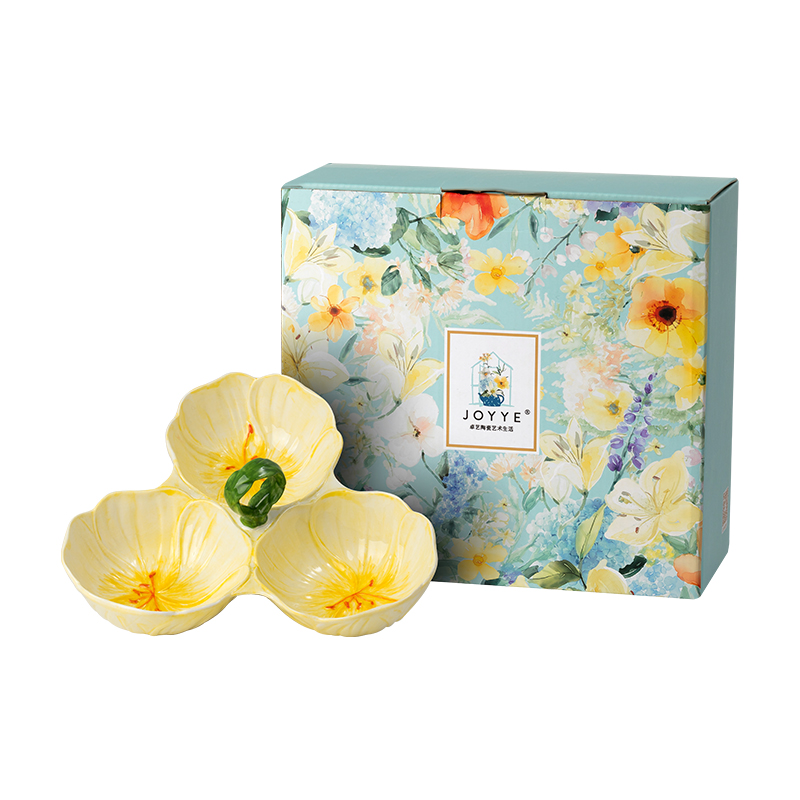 JOYYE 繁花似锦三格坚果盘 25022 23*22.5*10cm  黄色（单位：个）