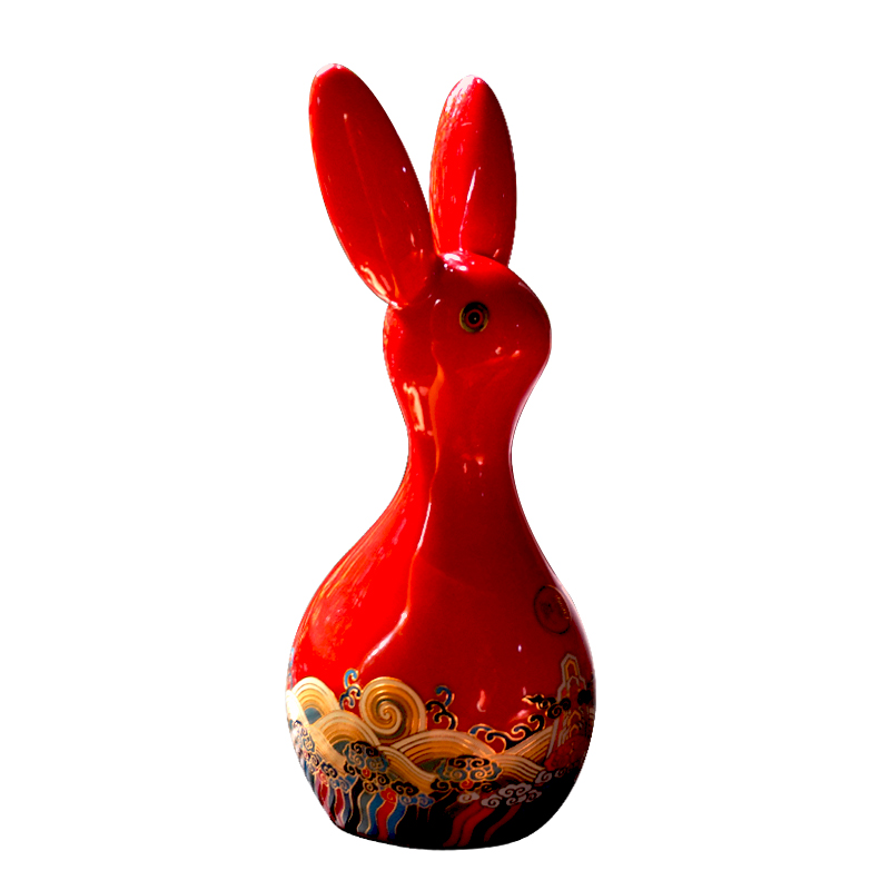 福人福地（FURENFUDI） 陶瓷兔摆件新中式国潮文创兔子摆件 IA.22.01.01 6.5*9.5*21.5cm （宫墙红）-如意（海水江崖款）（单位：个）