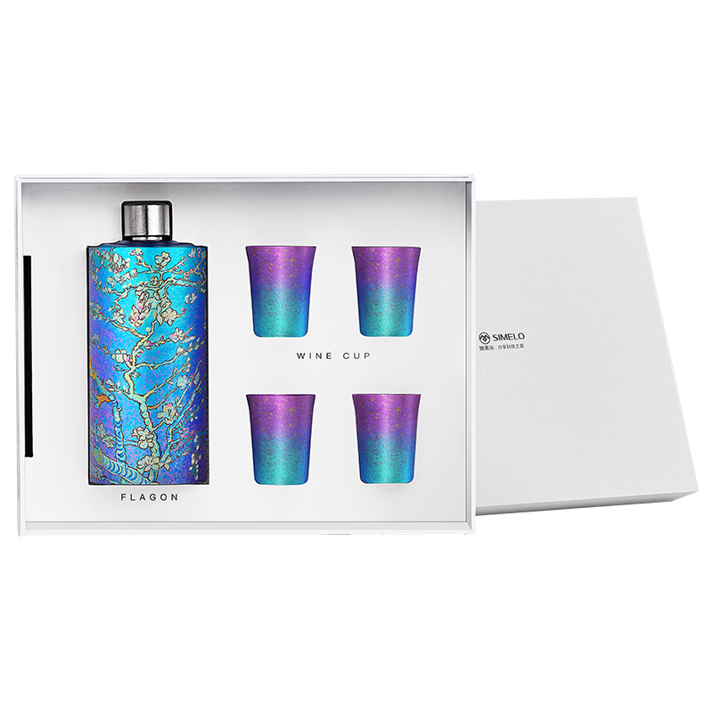 施美乐（SIMELO） 纯钛酒壶轻奢礼盒(一壶四杯) SM0058 645ML烧蓝手作 梵高盛开的杏花（单位：套）