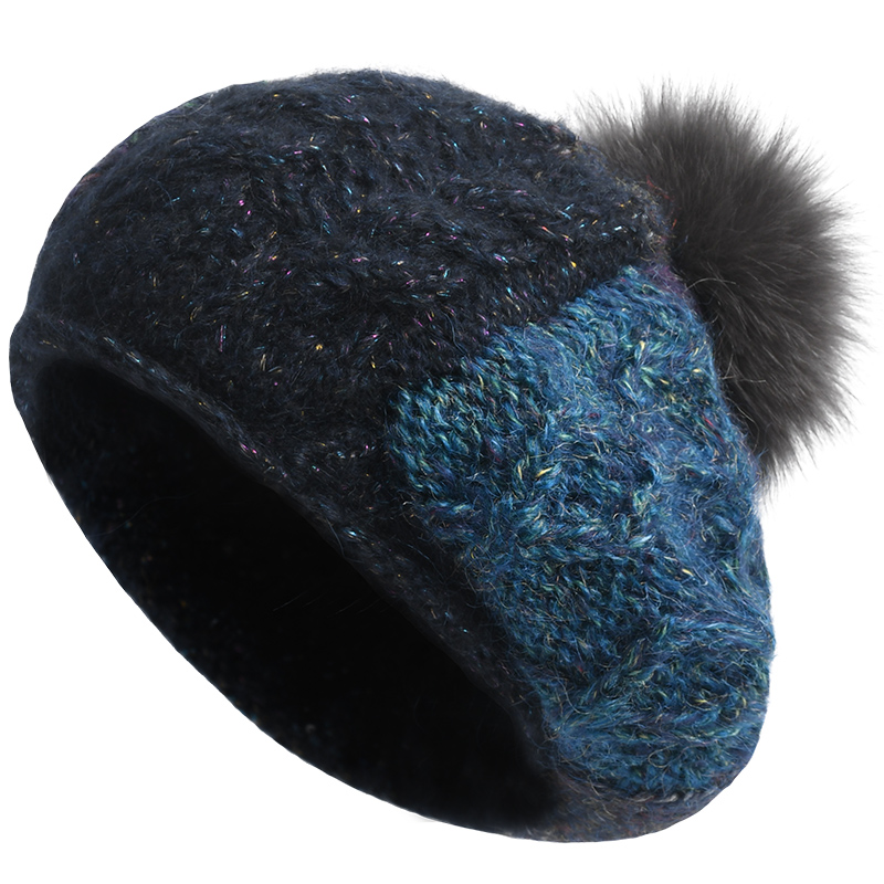 卡蒙（Kenmont） 狐狸毛球拼色卷边贝雷帽 KM-9233-13 帽围58cm（弹性佳） 藏青色（单位：顶）