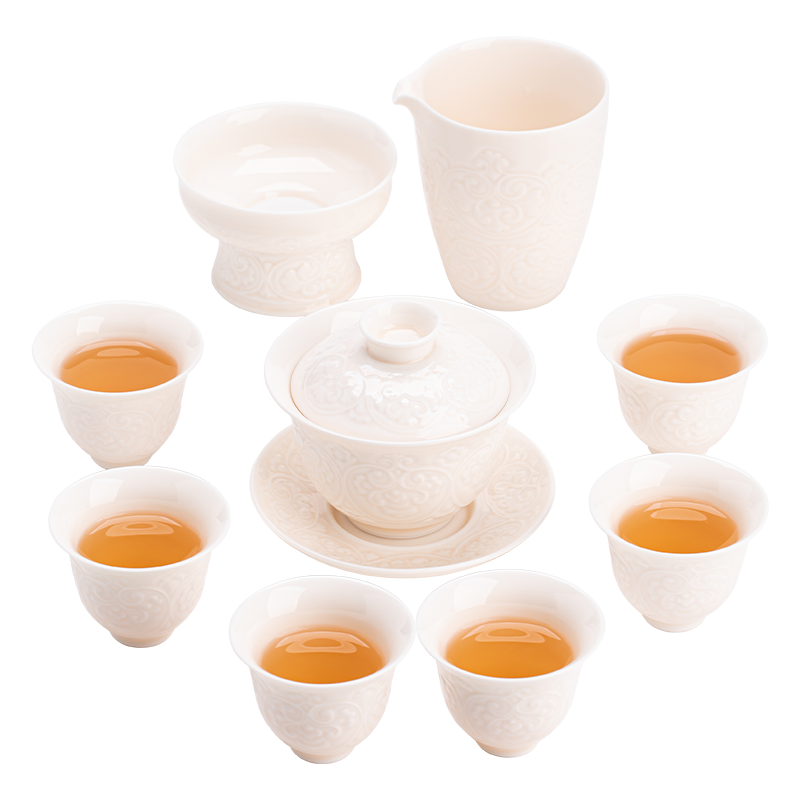 苏氏陶瓷（SUSHI CERAMICS） 浮雕宝相花纹茶具套装 J1176 9头 白色（单位：套）