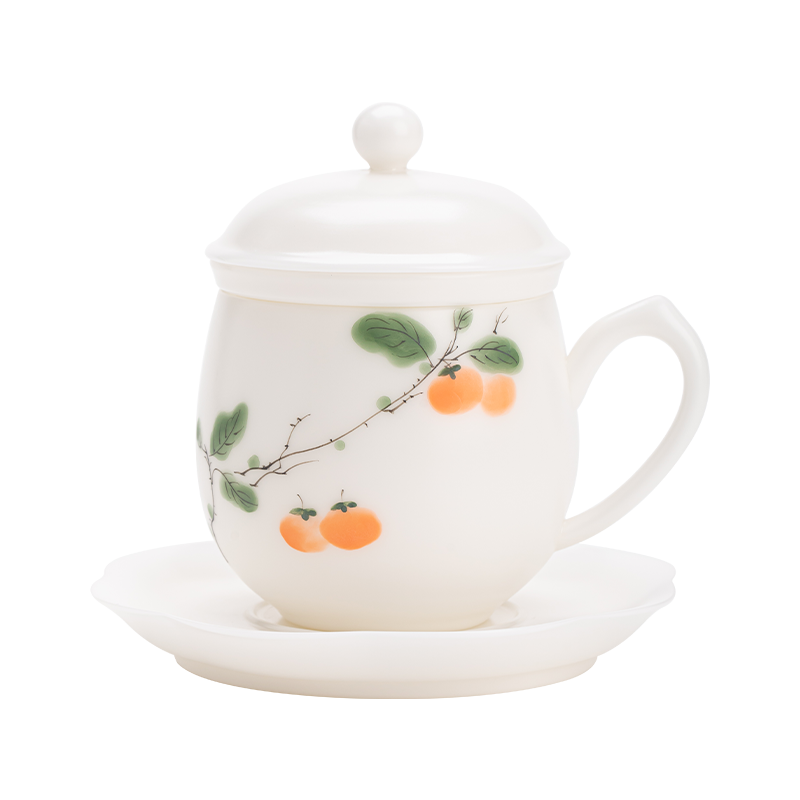 苏氏陶瓷（SUSHI CERAMICS） 素烧手绘柿柿如意办公杯 J1264 茶杯300ml 白色（单位：套）