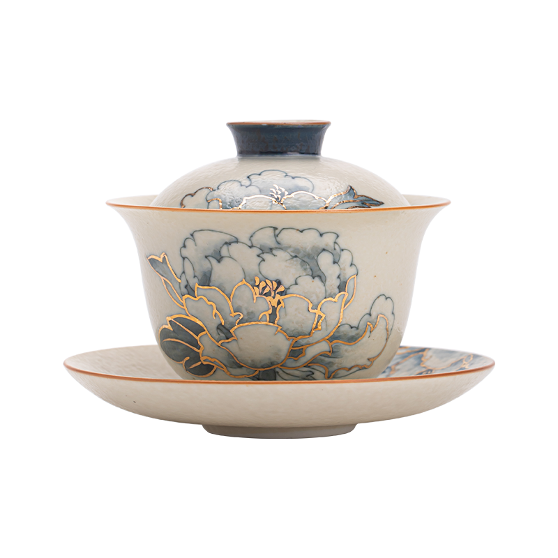 苏氏陶瓷（SUSHI CERAMICS） 描金青花牡丹盖碗火石红釉 J1258 150ml 灰色（单位：套）