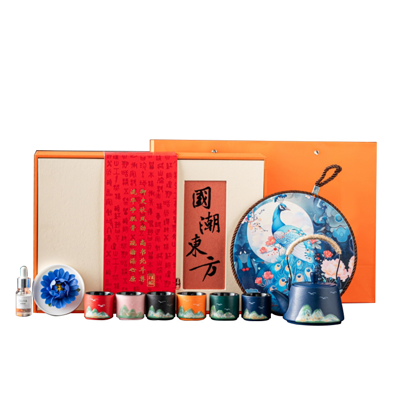 品舰 国潮东方 PJL065 提梁壶*1、茶杯*6、手工捏花、精油、茶盘、礼盒  蓝色（单位：套）