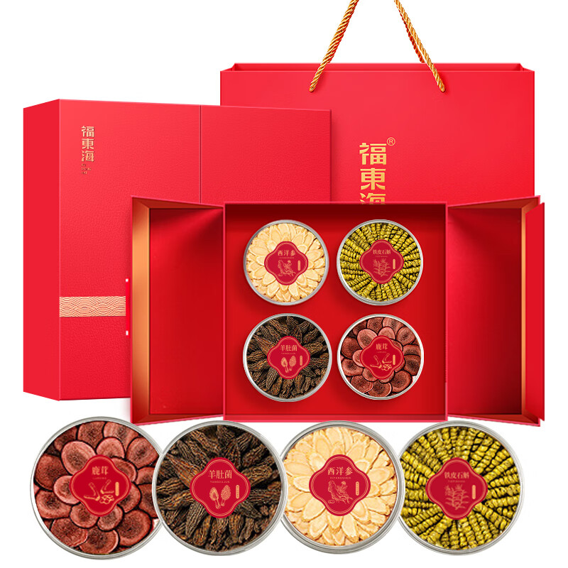 福东海（fudonghai） 羊肚菌 长石斛 西洋参斜片 鹿茸 四拼礼盒 145g 红色（单位：盒）