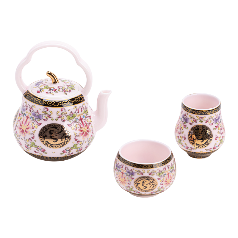 苏氏陶瓷（SUSHI CERAMICS） 宝相花粉提梁壶小套装 J1169 茶具*3头  粉色（单位：套）