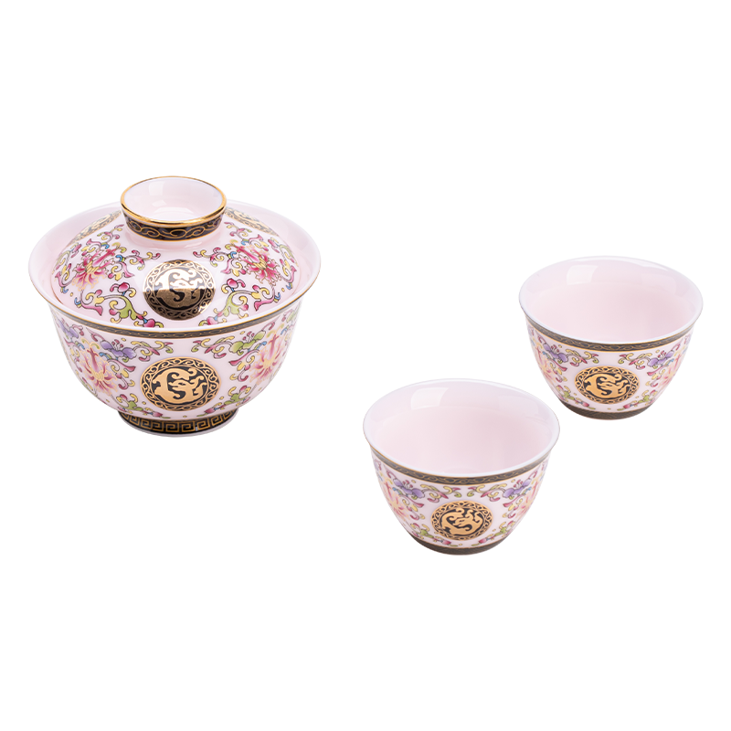 苏氏陶瓷（SUSHI CERAMICS） 宝相花二才盖碗小套装 J1168 茶具*3头  粉色（单位：套）