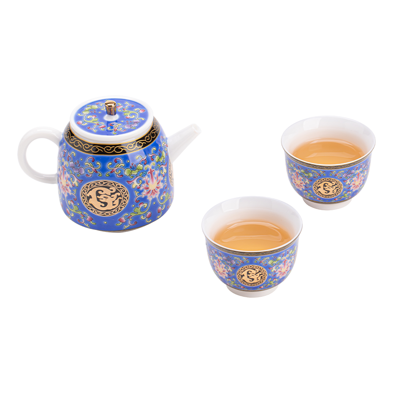 苏氏陶瓷（SUSHI CERAMICS） 珐琅彩宝相花蓝执手壶套装 J1170 茶具*3头  宝石蓝（单位：套）