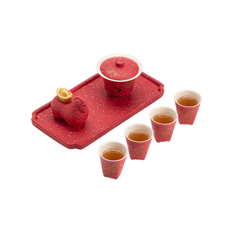 苏氏陶瓷（SUSHI CERAMICS） 柿柿如意盖碗茶宠组 J1095 茶具套装*7头  红色（单位：套）