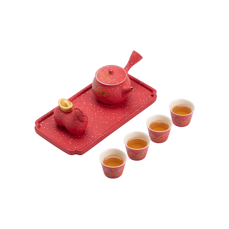 苏氏陶瓷（SUSHI CERAMICS） 柿柿如意侧把壶茶宠组 J1084 茶具套装*7头  粉红色（单位：套）