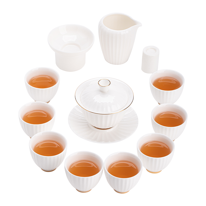 苏氏陶瓷（SUSHI CERAMICS） 竖纹描金盖碗茶杯套装 J1197 茶具*13头  白色（单位：套）