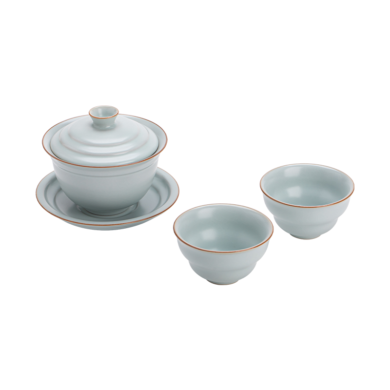苏氏陶瓷（SUSHI CERAMICS） 汝窑聚财盖碗带两茶杯 J1226 茶具套装3头 蓝色（单位：套）