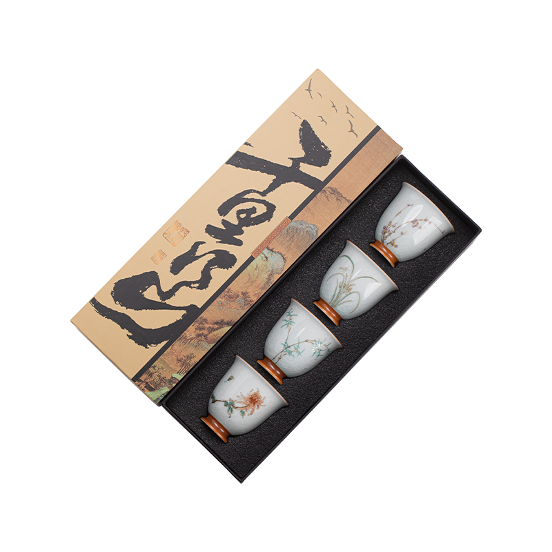 苏氏陶瓷（SUSHI CERAMICS） 汝窑卵青百花四君子杯 J1254 茶杯80ml*4个  本白色（单位：套）