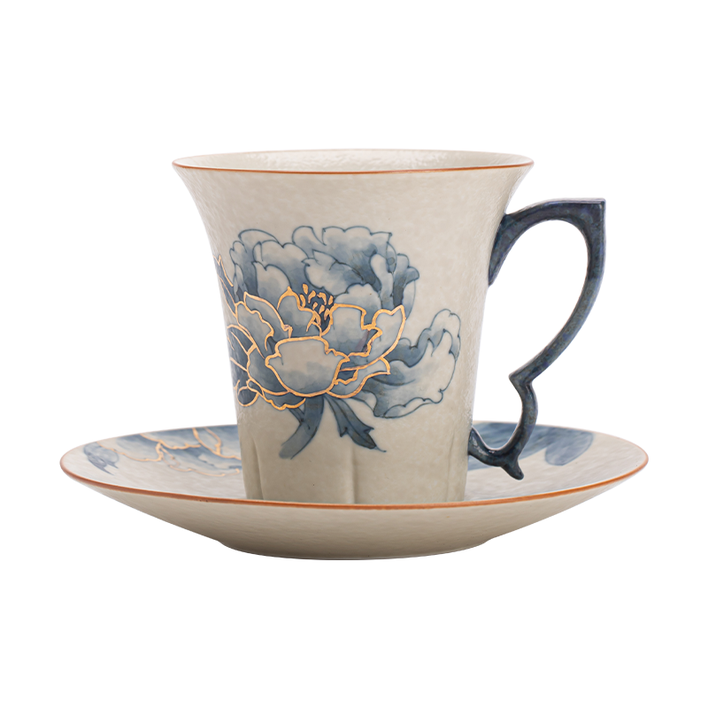 苏氏陶瓷（SUSHI CERAMICS） 手绘青花牡丹咖啡杯 J1257 180ml 浅灰色（单位：套）