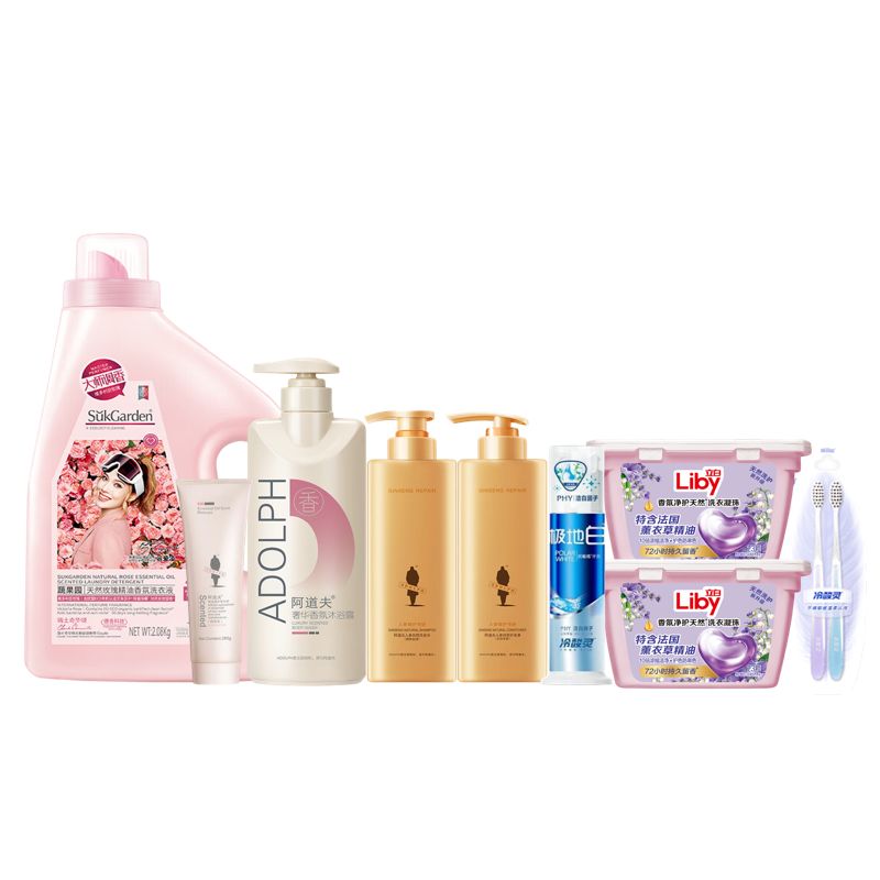 冷酸灵 /阿道夫/蔬果园/立白  洗护套装+沐浴液+护发霜+牙膏+洗衣液+洗衣凝珠+牙刷 3838g 红色（单位：盒）