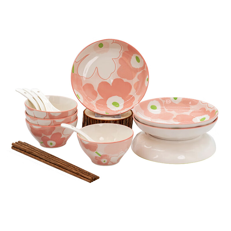 HELLO KOMA 花漾陶瓷餐具 203942 16件套(4碗/4盘/4勺/4双筷子) 粉色（单位：套）