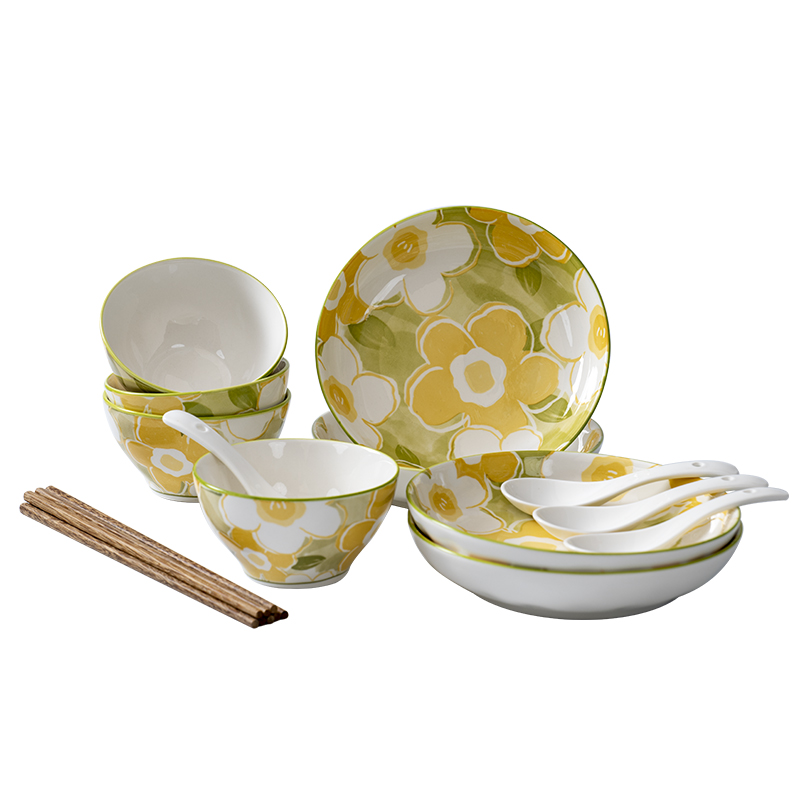 HELLO KOMA 花漾陶瓷餐具 203942 16件套(4碗/4盘/4勺/4双筷子) 黄色（单位：套）