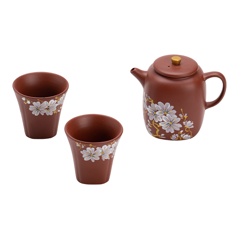 苏氏陶瓷（SUSHI CERAMICS） 紫砂手绘白梅一壶两杯 J1279 茶具套装*3头  红色（单位：套）