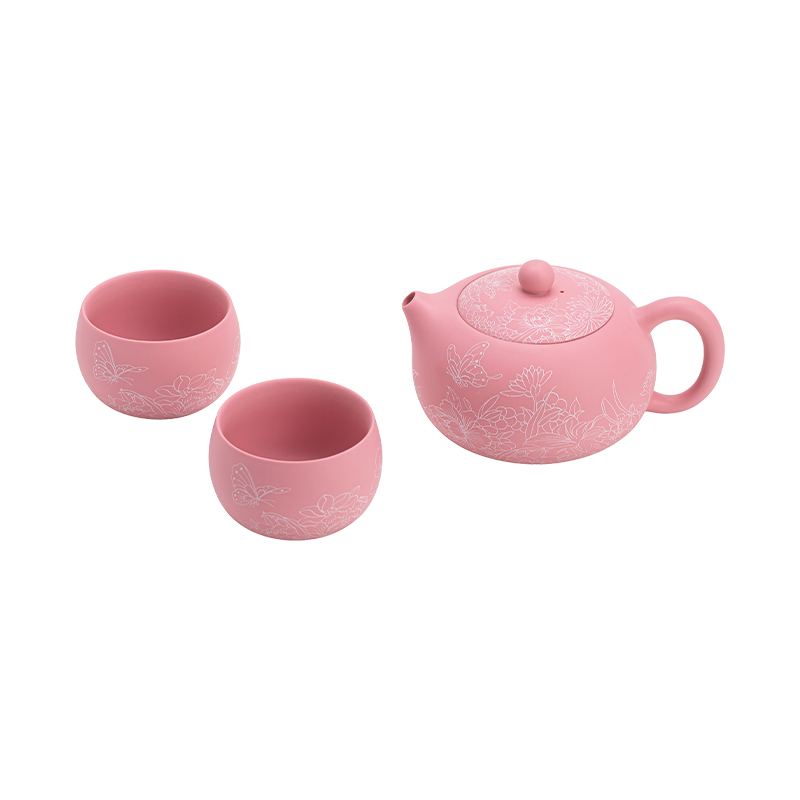 苏氏陶瓷（SUSHI CERAMICS） 紫砂蝶恋花西施壶两杯 J1280 茶具套装*3头  粉色（单位：套）