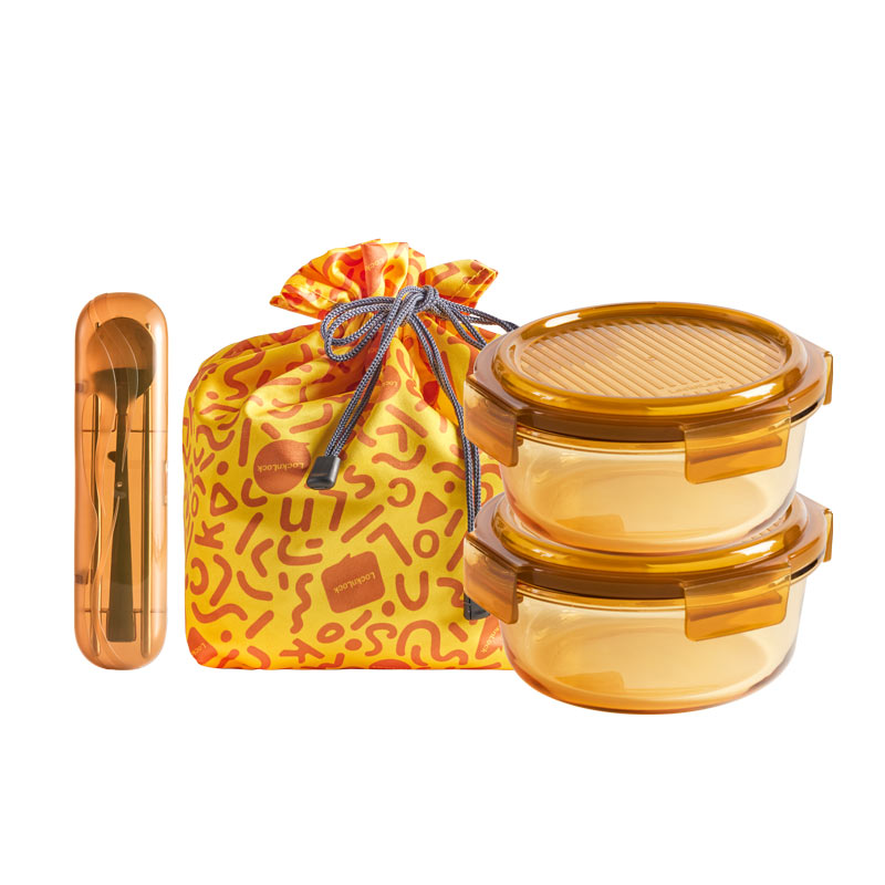 乐扣乐扣（LOCK&LOCK） 晶彩琉光保鲜盒四件套 LCB261FU 圆形650mL &times;2 餐具&times;1  抽绳袋 &times;1 琥珀色（单位：套）