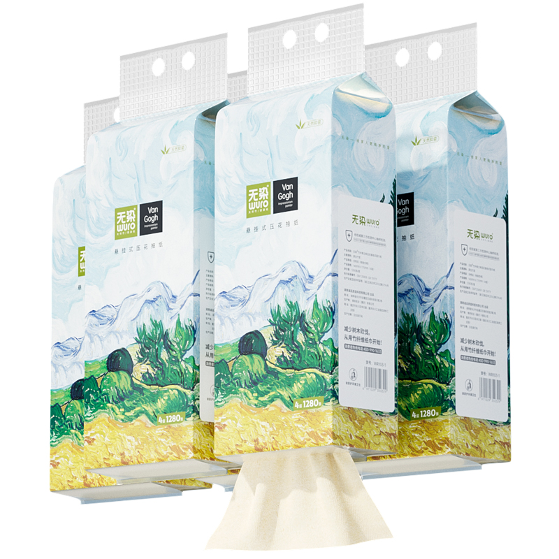 无染（WURO） 油画款挂抽面巾纸 WR103 4层320抽*5提 水蓝色（单位：箱）
