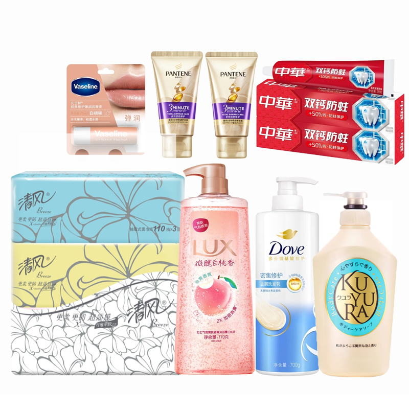 力士（LUX） 多芬可悠然中华潘婷凡士林清风沐浴洗发唇膏牙膏抽纸 套餐 1753.5g+630ml+1提抽纸 红色（单位：组）