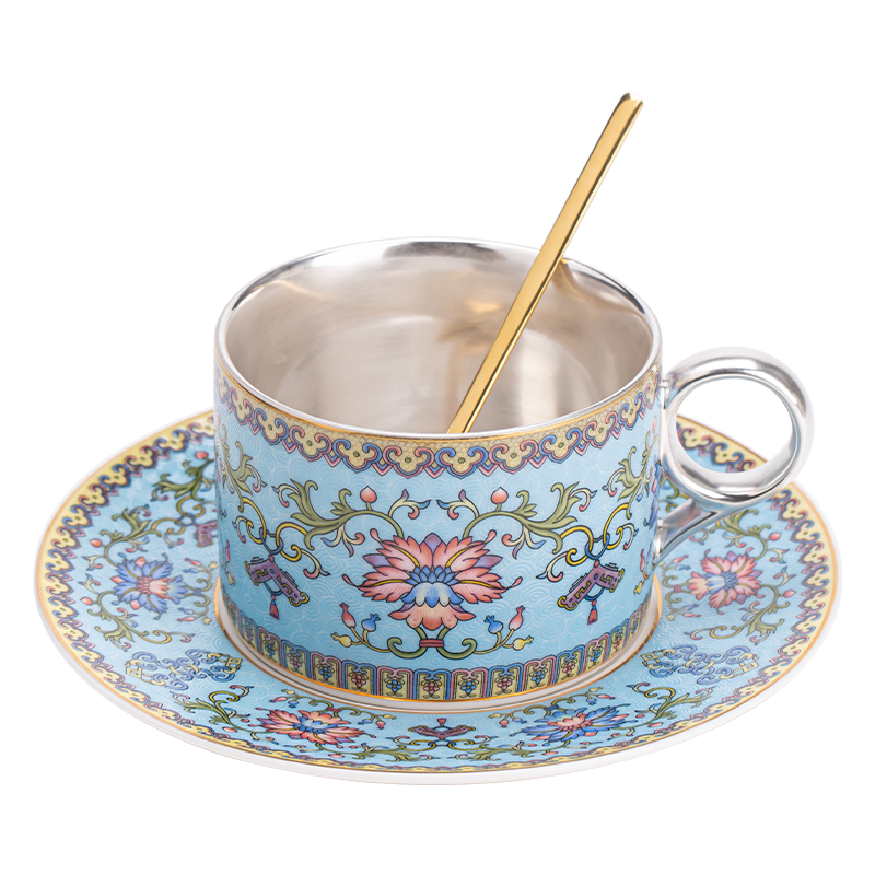 苏氏陶瓷（SUSHI CERAMICS） 鎏银缠枝莲咖啡杯蓝 J1174 套装250ml*1 蓝（单位：套）