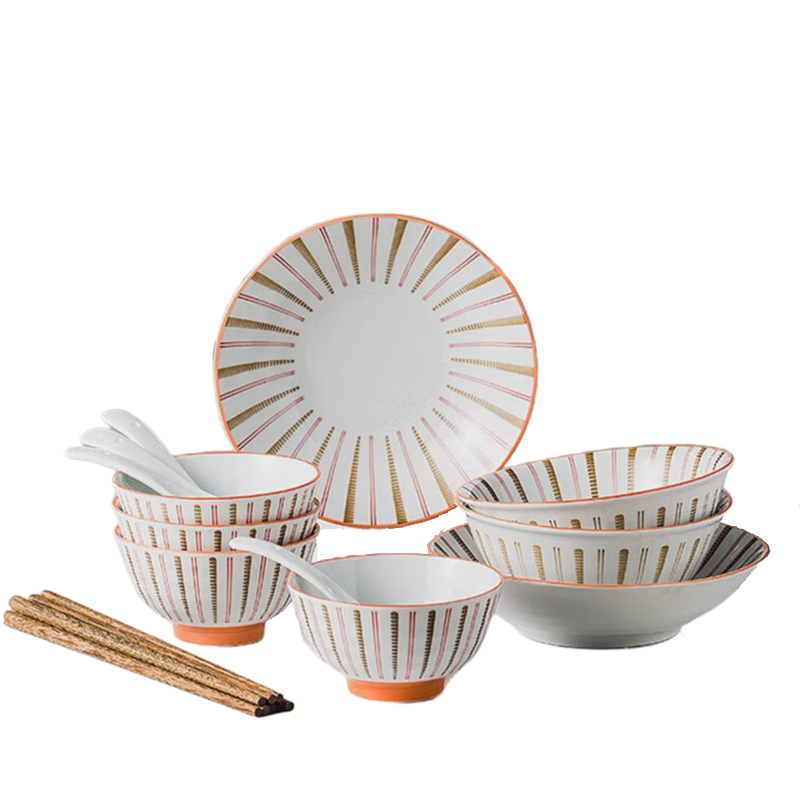 HELLO KOMA 和风食器四色印花陶瓷餐具 202569 碗*4 勺子*4 筷子*4  面碗*2 盘*2 共16件套 灰橙色（单位：套）