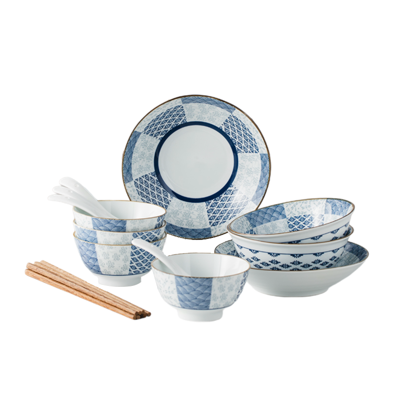 HELLO KOMA 和风食器四色印花陶瓷餐具 202568 碗*4 勺子*4 筷子*4  面碗*2 盘*2 共16件套 深蓝色（单位：套）