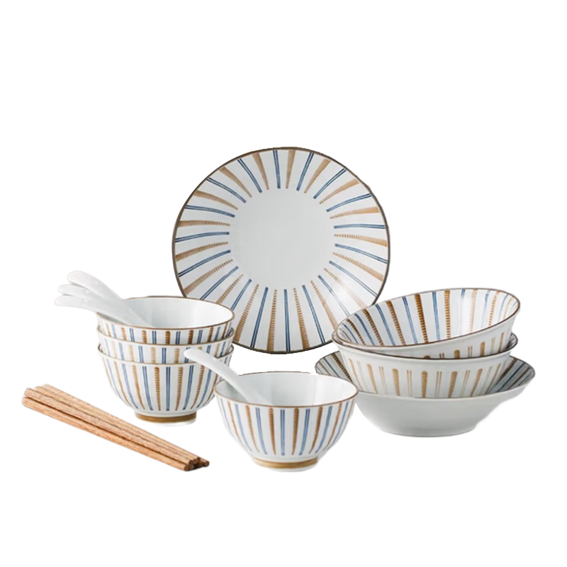 HELLO KOMA 和风食器四色印花陶瓷餐具 202567 碗*4 勺子*4 筷子*4  面碗*2 盘*2 共16件套 褐色（单位：套）