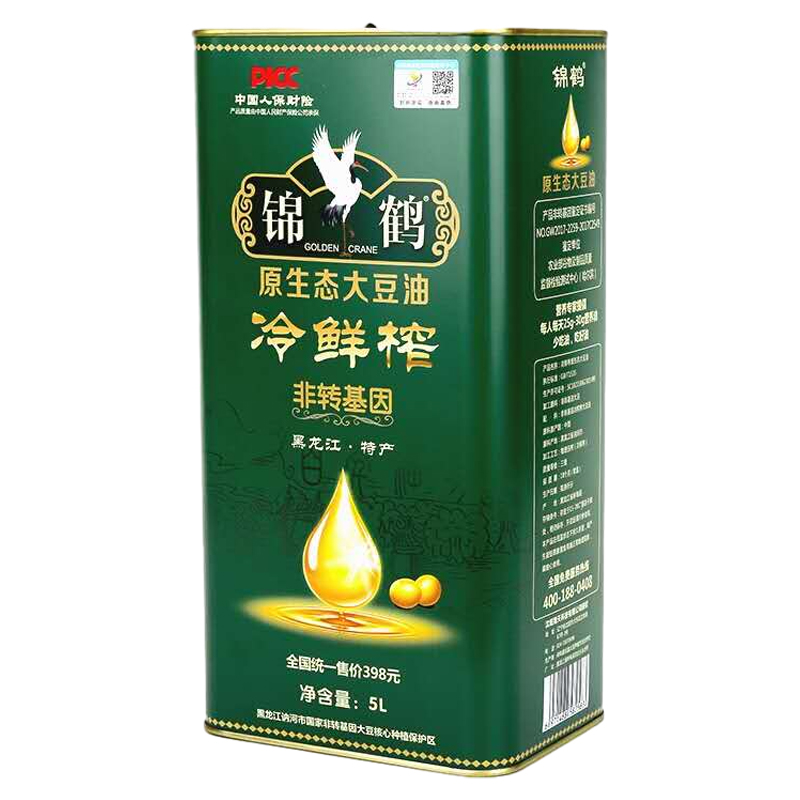 锦鹤 东北黑龙江头道初榨冷鲜榨大豆油 铁桶装 高品质 5L 橄榄绿（单位：桶）