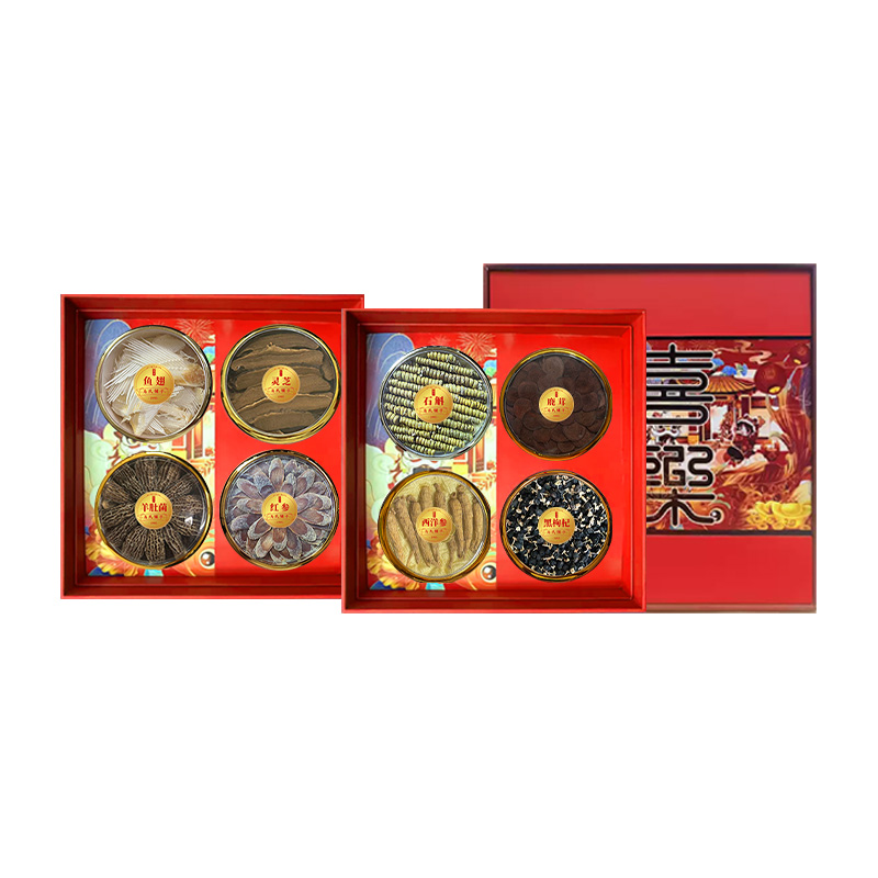 宝堂马氏铺子 喜乐八拼礼盒 （铁皮石斛龙头凤尾/陈皮/鳕鱼胶/西洋参片/灵芝条/黑枸杞/红参片/羊肚菌） 360克/盒 红色（单位：盒）