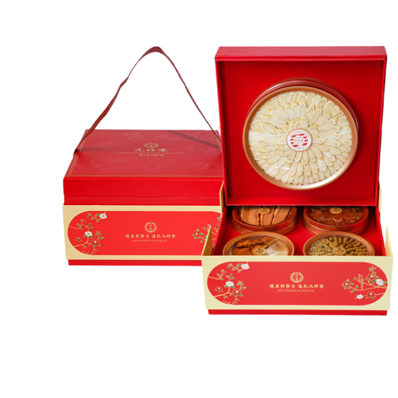 九珍堂 五福临门 灵参斛芝礼盒 双层礼盒 西洋参片80g石斛30g桑黄片30g灵芝片30g红参片30g 红色（单位：盒）