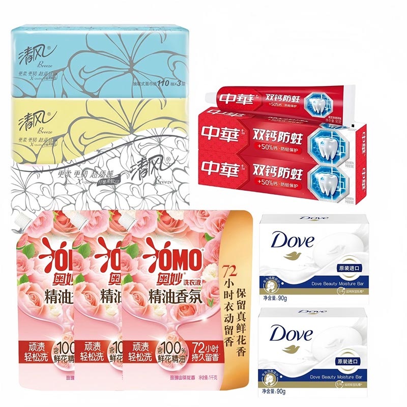 奥妙（OMO） 多芬中华清风 洗衣液 香皂 牙膏 纸巾 SF清爽怡人套餐D 3.46kg+1提 红色（单位：组）