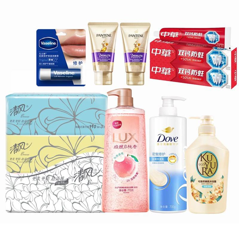 力士（LUX） 多芬可悠然中华潘婷凡士林清风沐浴露洗发牙膏唇膏纸巾 SF清新顺意套餐C 1.785kg+630ml+1提 粉色（单位：组）