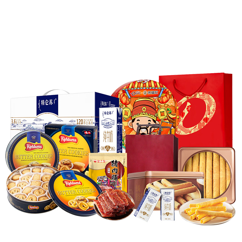 蓝罐（Kjeldsens） /德芙&徐福记/皇上皇/美心/特仑苏- 曲奇饼干巧克力熟食蛋卷牛奶瑞福伊洛组合 2241g+3L 红色（单位：套）