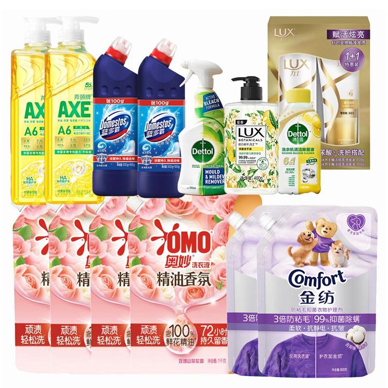 奥妙（OMO） 滴露AXE金纺蓝多霸力士除菌洗洁精洗衣液洁厕洗发乳 SF多彩生活套餐B 9.76kg+750ml 粉色（单位：组）