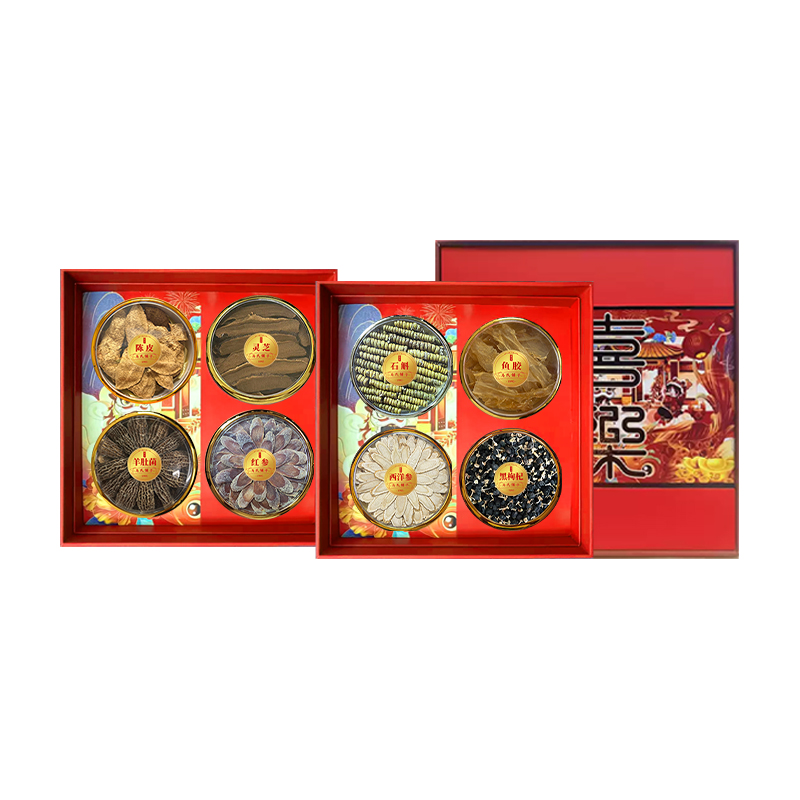 宝堂马氏铺子 喜乐八宝礼盒   铁皮石斛龙头凤尾、陈皮、鳕鱼胶、西洋参片、灵芝条、黑枸杞、红参片、羊肚菌 350克 枫叶色（单位：盒）