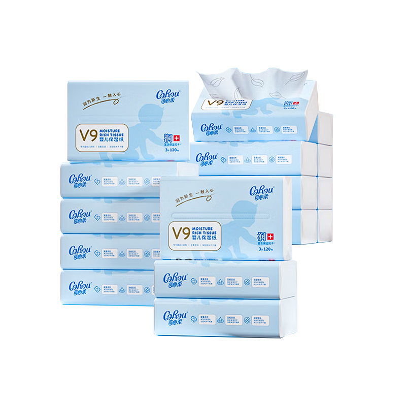 可心柔（COROU） 柔润抽纸 保湿纸巾 柔纸巾  乳霜纸 3层120抽*16包 婴儿蓝（单位：组）