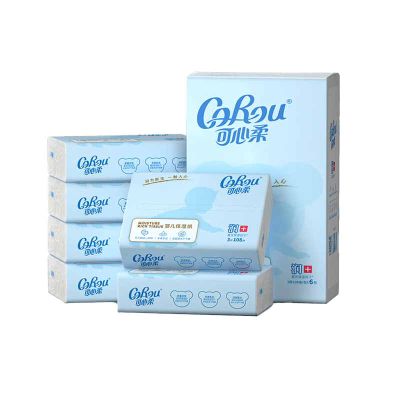 可心柔（COROU） 新生儿宝宝婴儿云柔巾 抽纸柔润  乳霜纸 3层108抽*6包 婴儿蓝（单位：组）